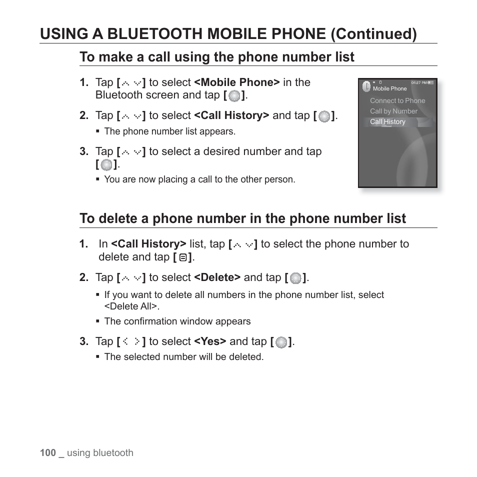 Using a bluetooth mobile phone (continued) | Samsung YP-S5JQB-XAA User Manual | Page 100 / 125