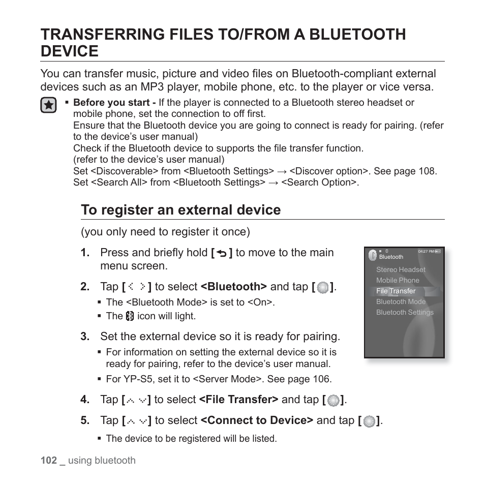 Transferring files to/from a bluetoothdevice, Transferring files to/from a bluetooth device | Samsung YP-S5JQB-XAA User Manual | Page 102 / 125