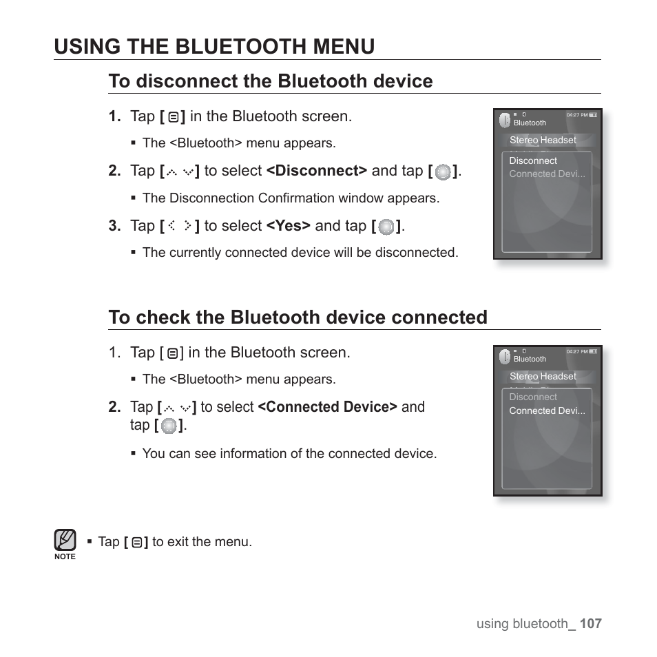 Using the bluetooth menu | Samsung YP-S5JQB-XAA User Manual | Page 107 / 125