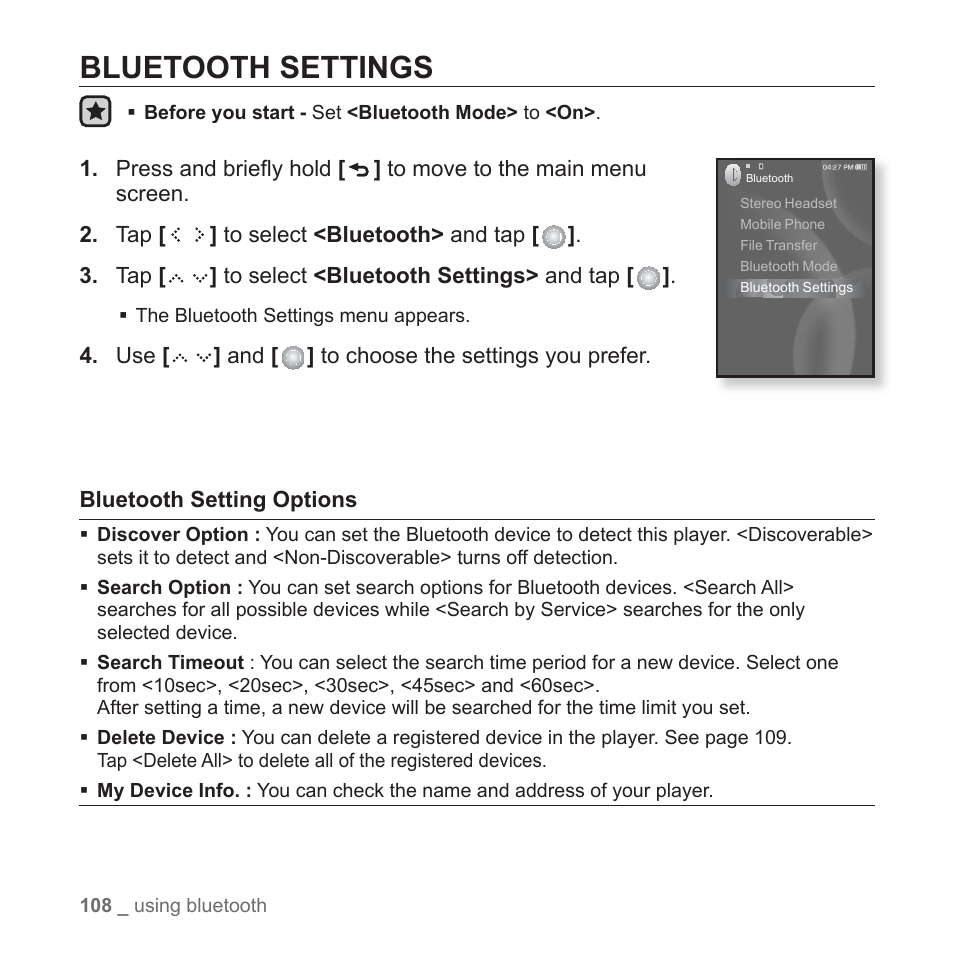 Bluetooth settings | Samsung YP-S5JQB-XAA User Manual | Page 108 / 125