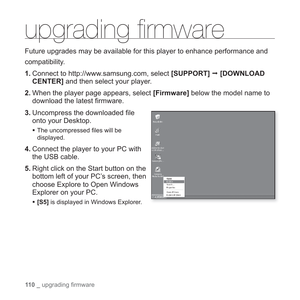 Upgrading fi rmware, Upgrading ﬁ rmware | Samsung YP-S5JQB-XAA User Manual | Page 110 / 125