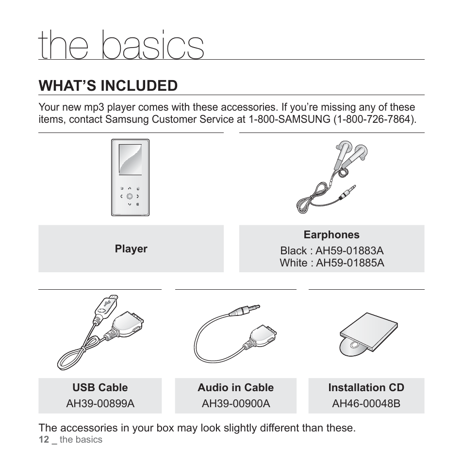 The basics, What’s included | Samsung YP-S5JQB-XAA User Manual | Page 12 / 125