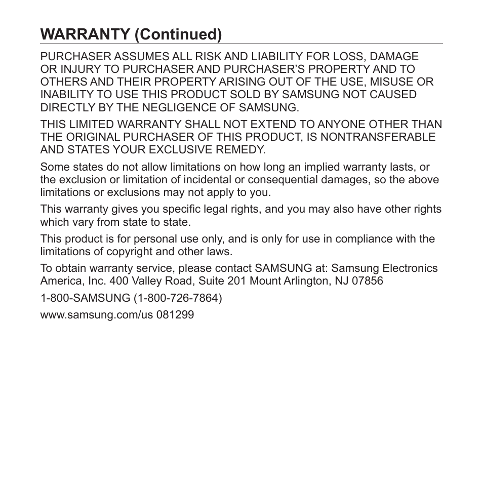 Warranty (continued) | Samsung YP-S5JQB-XAA User Manual | Page 124 / 125