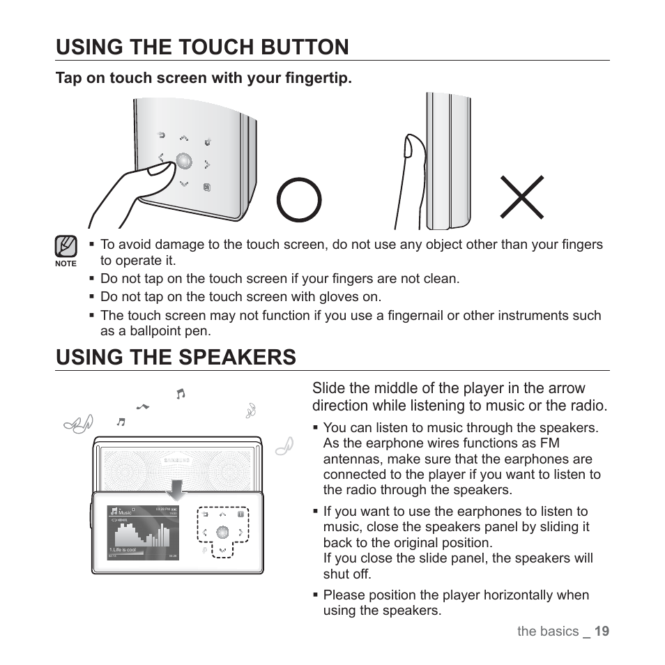 Using the touch button, Using the speakers, Tap on touch screen with your fi ngertip | Samsung YP-S5JQB-XAA User Manual | Page 19 / 125