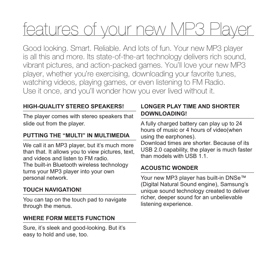 Features of your new mp3 player | Samsung YP-S5JQB-XAA User Manual | Page 2 / 125