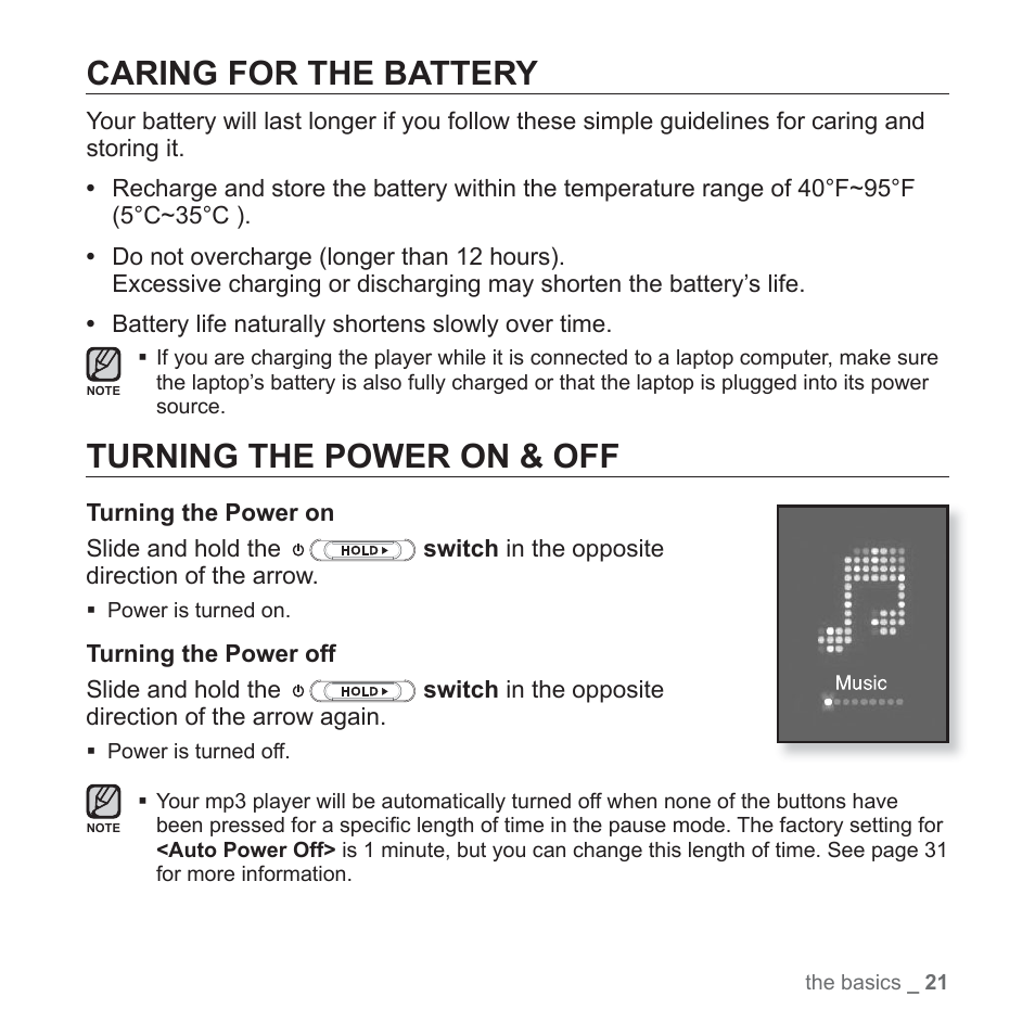 Caring for the battery, Turning the power on & off | Samsung YP-S5JQB-XAA User Manual | Page 21 / 125