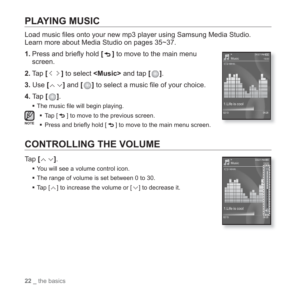 Playing music, Controlling the volume | Samsung YP-S5JQB-XAA User Manual | Page 22 / 125