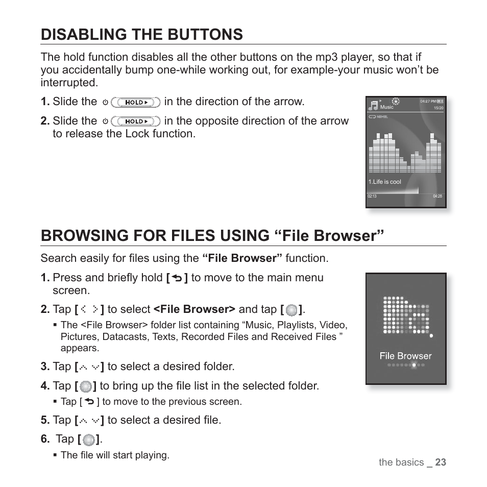 Disabling the buttons, Browsing for files using “file browser | Samsung YP-S5JQB-XAA User Manual | Page 23 / 125