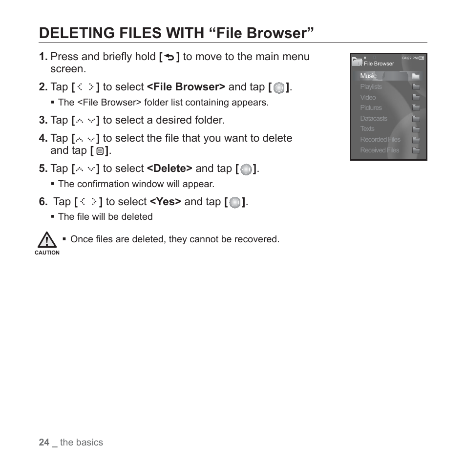 Deleting files with “file browser | Samsung YP-S5JQB-XAA User Manual | Page 24 / 125