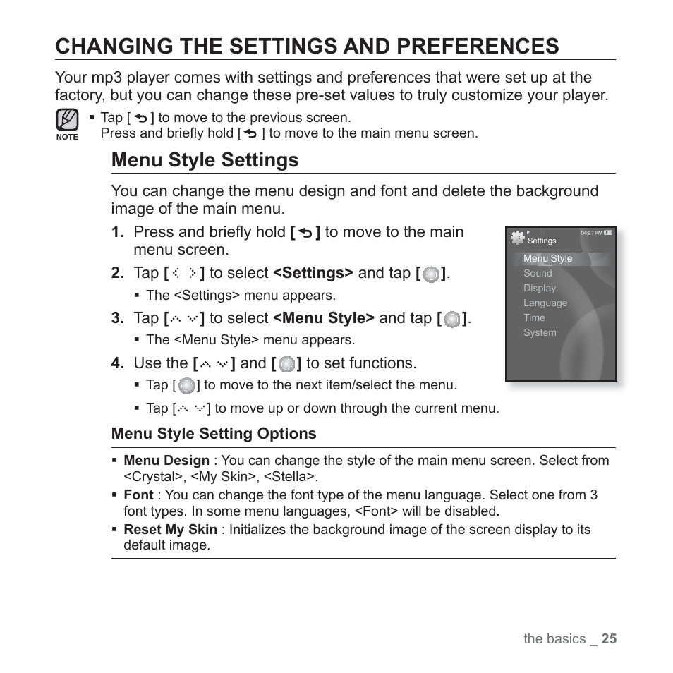 Changing the settings and preferences, Menu style settings | Samsung YP-S5JQB-XAA User Manual | Page 25 / 125