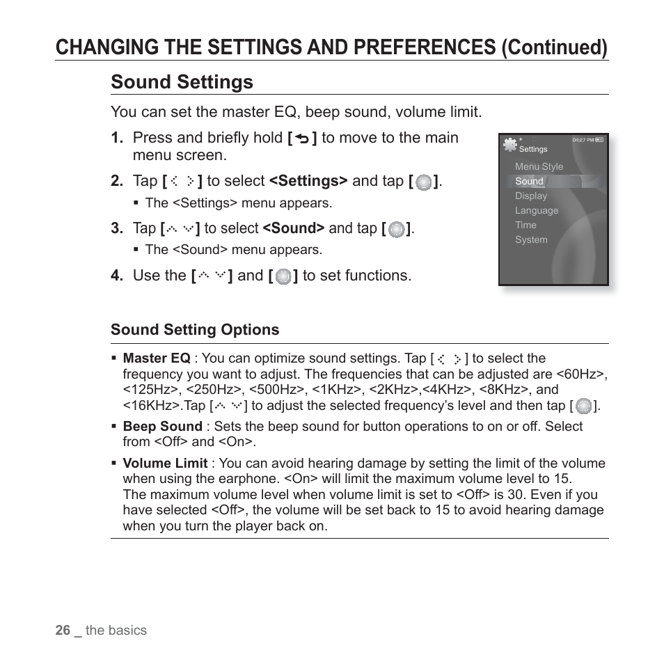 Changing the settings and preferences (continued), Sound settings | Samsung YP-S5JQB-XAA User Manual | Page 26 / 125