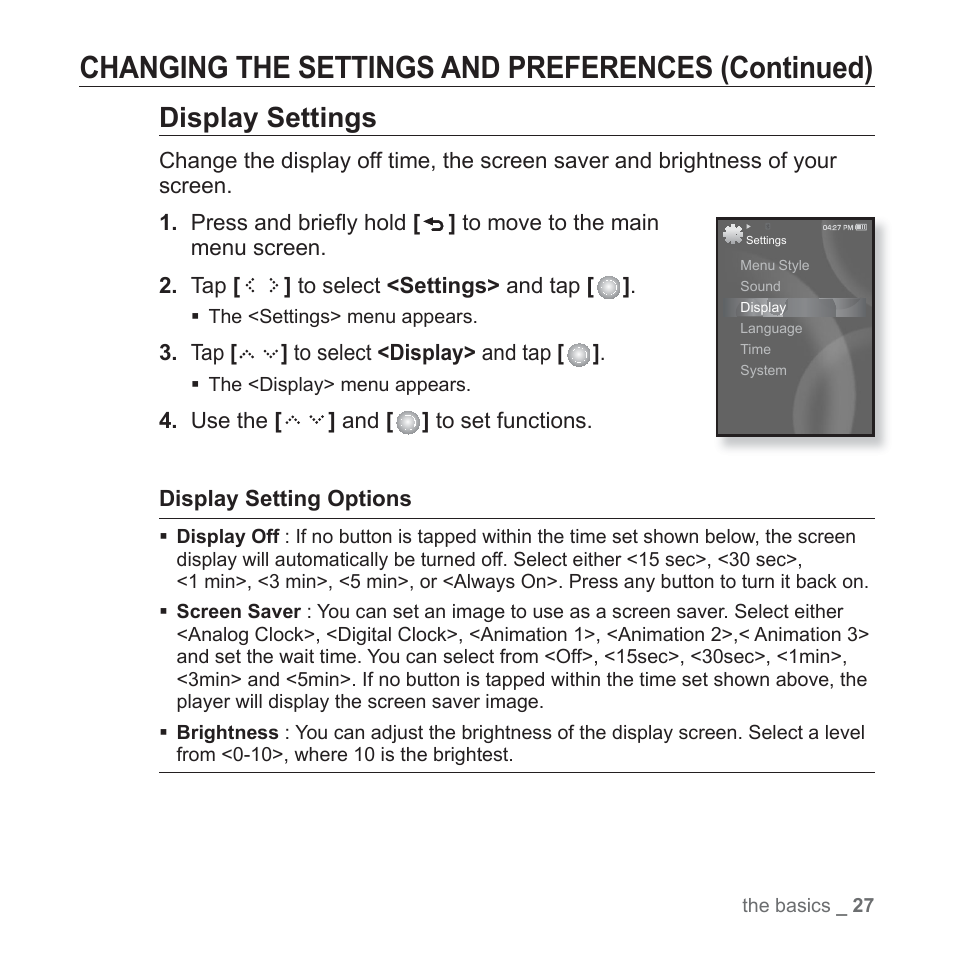 Changing the settings and preferences (continued), Display settings | Samsung YP-S5JQB-XAA User Manual | Page 27 / 125