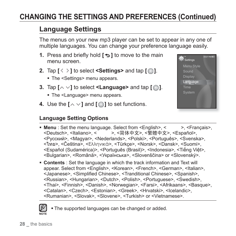 Changing the settings and preferences (continued), Language settings | Samsung YP-S5JQB-XAA User Manual | Page 28 / 125