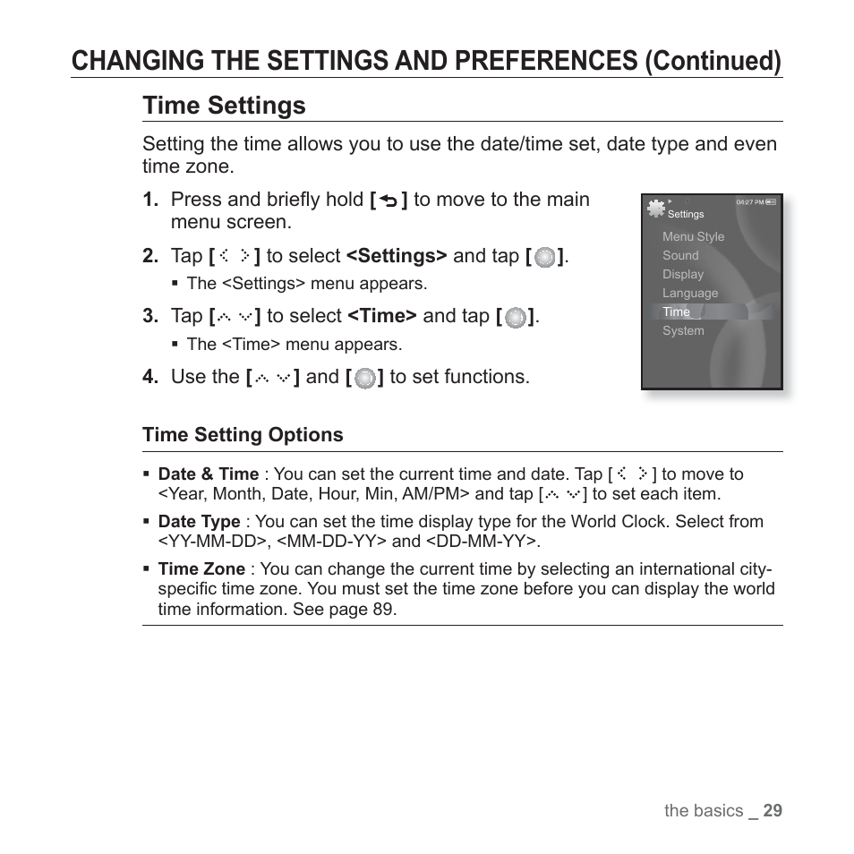 Changing the settings and preferences (continued), Time settings | Samsung YP-S5JQB-XAA User Manual | Page 29 / 125