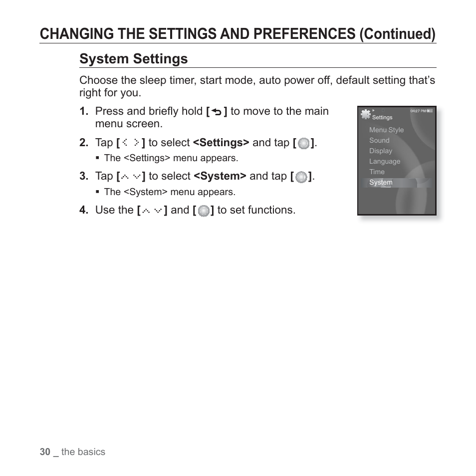 Changing the settings and preferences (continued), System settings | Samsung YP-S5JQB-XAA User Manual | Page 30 / 125