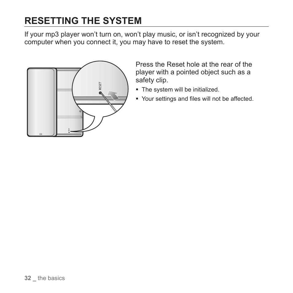 Resetting the system | Samsung YP-S5JQB-XAA User Manual | Page 32 / 125