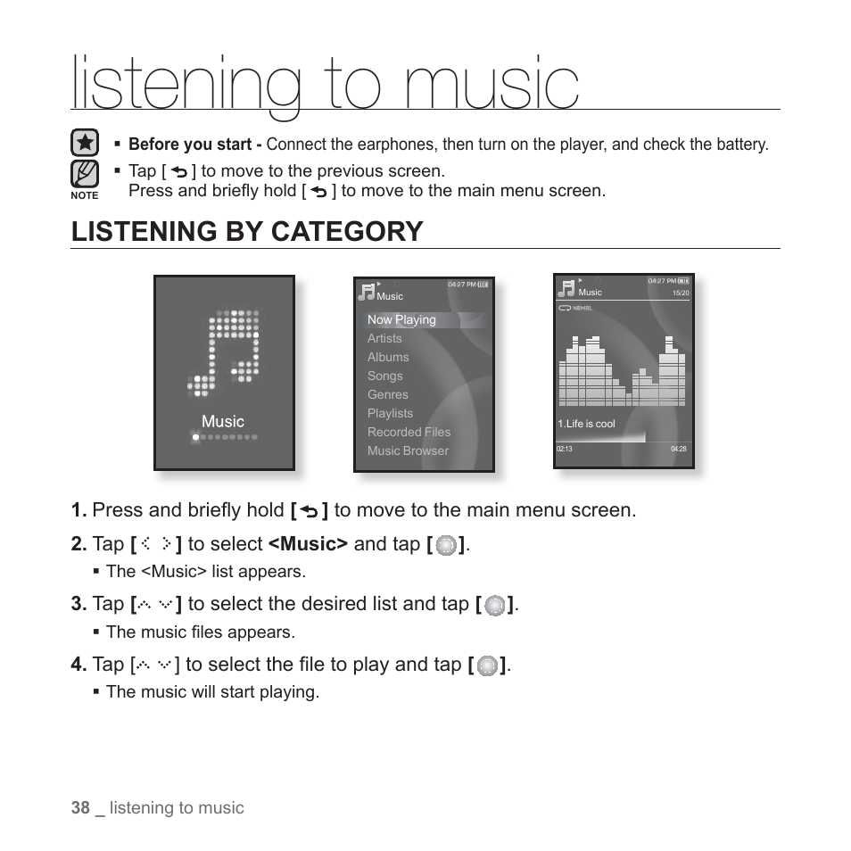 Listening to music, Listening by category | Samsung YP-S5JQB-XAA User Manual | Page 38 / 125