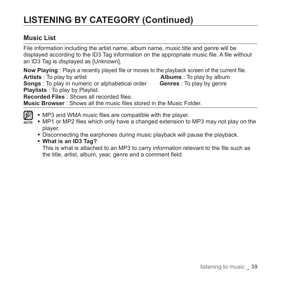 Listening by category (continued) | Samsung YP-S5JQB-XAA User Manual | Page 39 / 125
