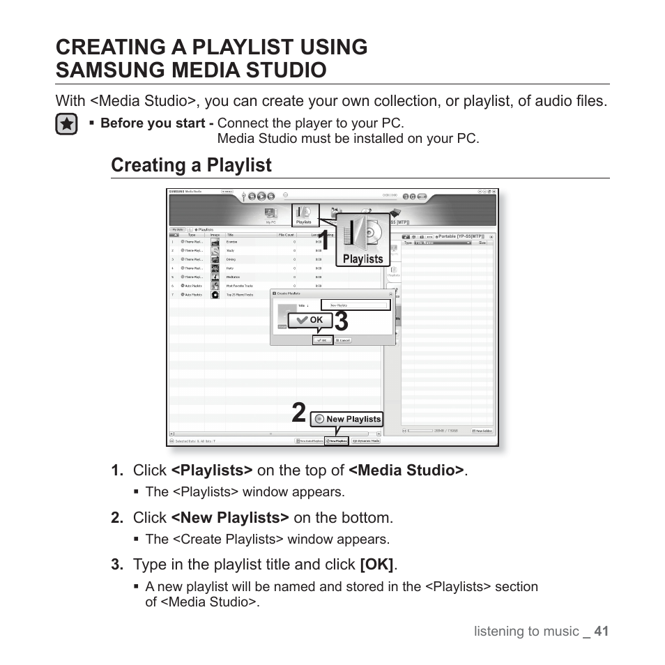 Creating a playlist usingsamsung media studio, Creating a playlist using samsung media studio, Creating a playlist | Samsung YP-S5JQB-XAA User Manual | Page 41 / 125