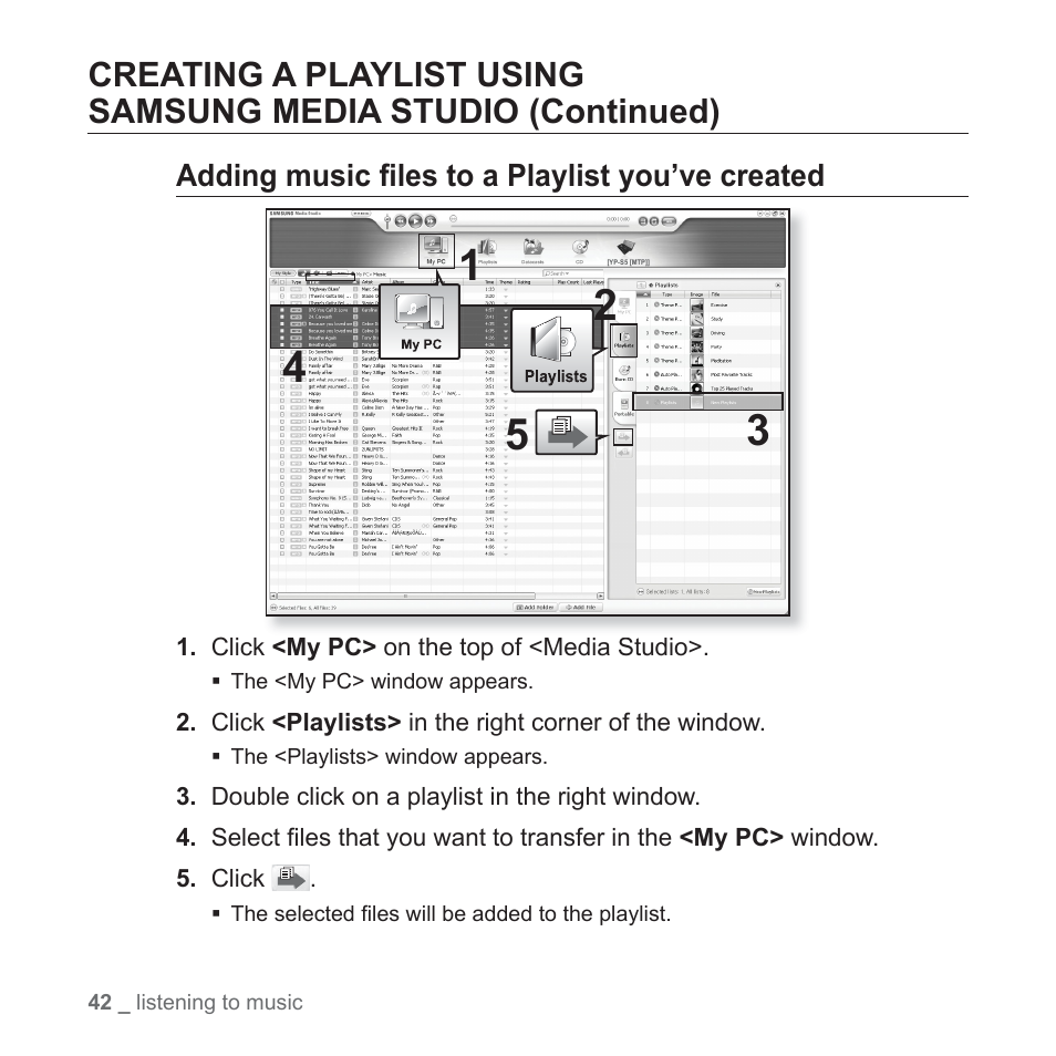 Adding music fi les to a playlist you’ve created | Samsung YP-S5JQB-XAA User Manual | Page 42 / 125