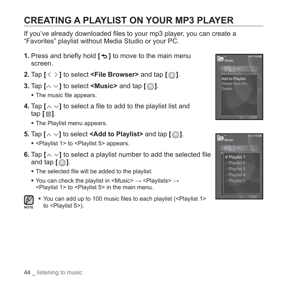 Creating a playlist on your mp3 player | Samsung YP-S5JQB-XAA User Manual | Page 44 / 125