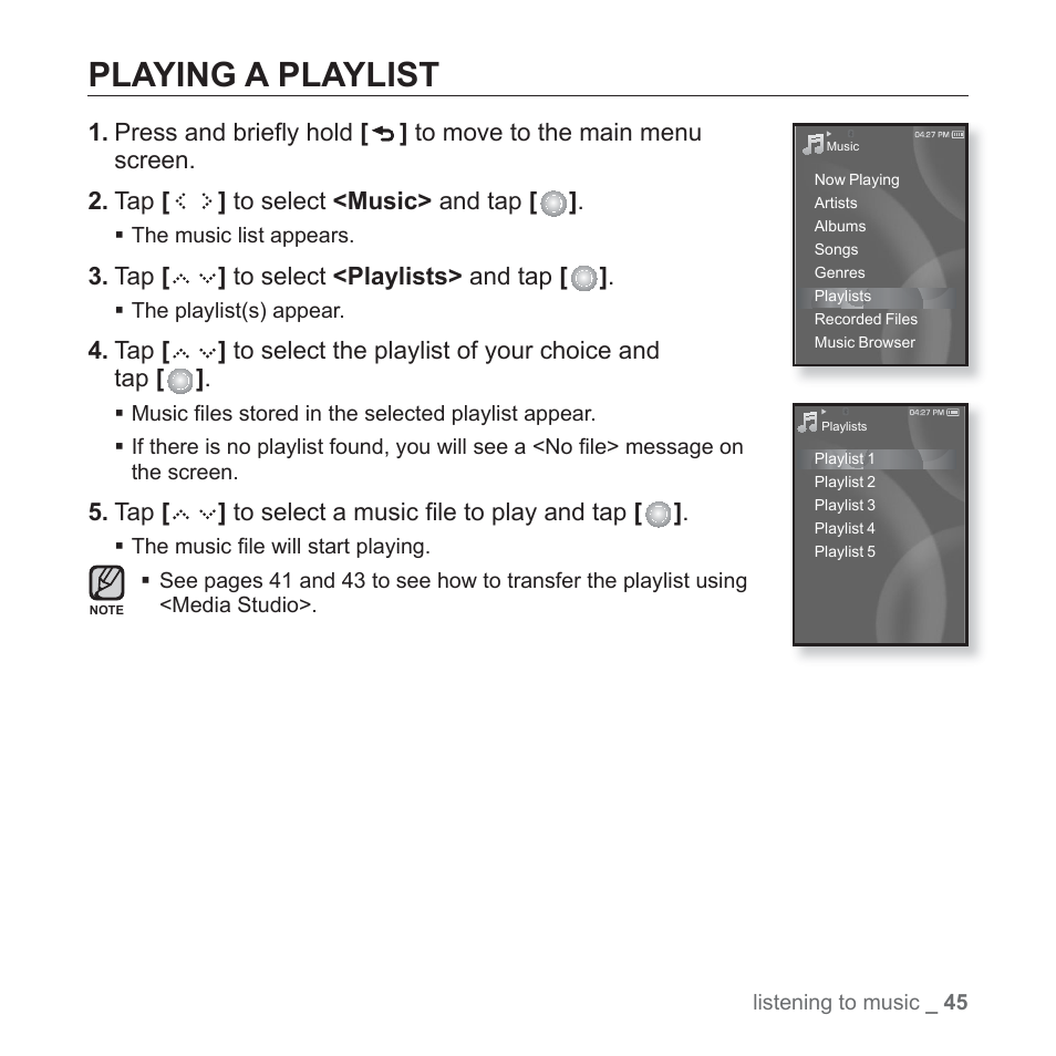 Playing a playlist | Samsung YP-S5JQB-XAA User Manual | Page 45 / 125