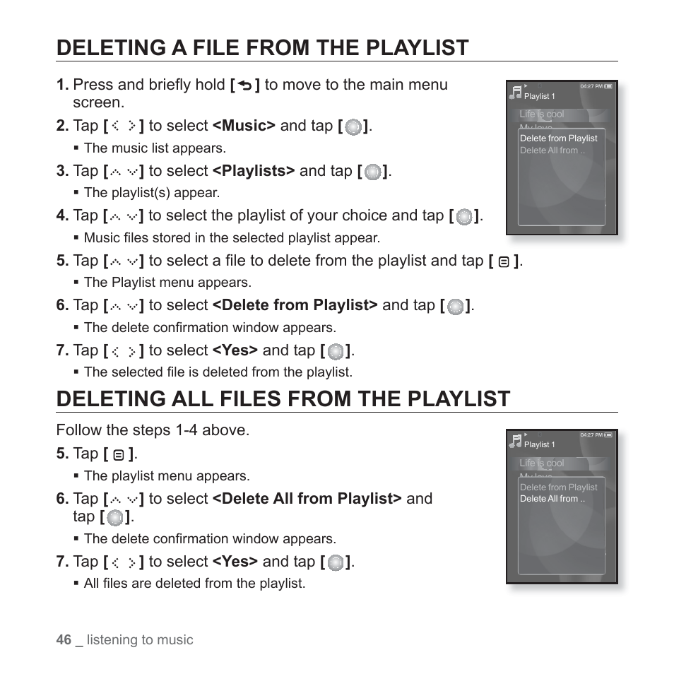 Deleting a file from the playlist, Deleting all files from the playlist | Samsung YP-S5JQB-XAA User Manual | Page 46 / 125