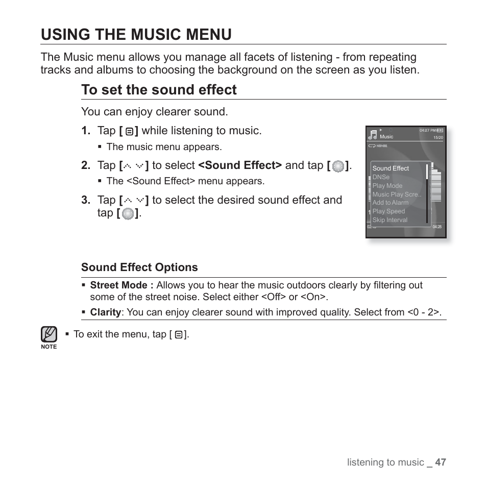 Using the music menu | Samsung YP-S5JQB-XAA User Manual | Page 47 / 125