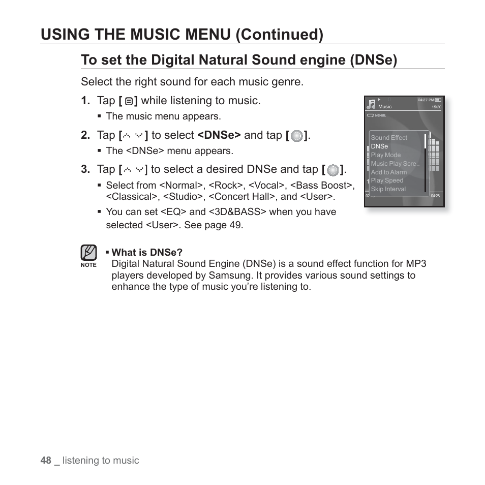 Using the music menu (continued) | Samsung YP-S5JQB-XAA User Manual | Page 48 / 125