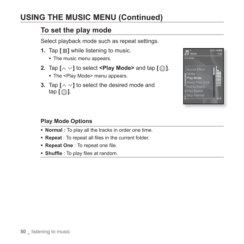Using the music menu (continued) | Samsung YP-S5JQB-XAA User Manual | Page 50 / 125