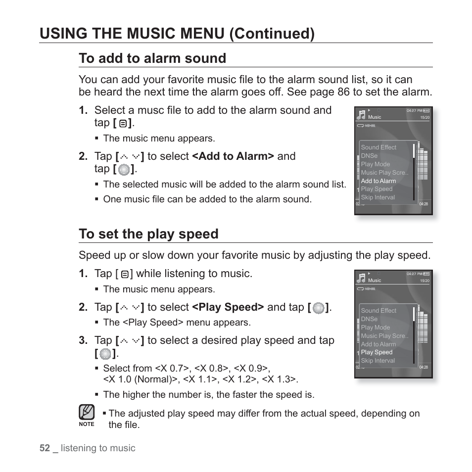 Using the music menu (continued) | Samsung YP-S5JQB-XAA User Manual | Page 52 / 125