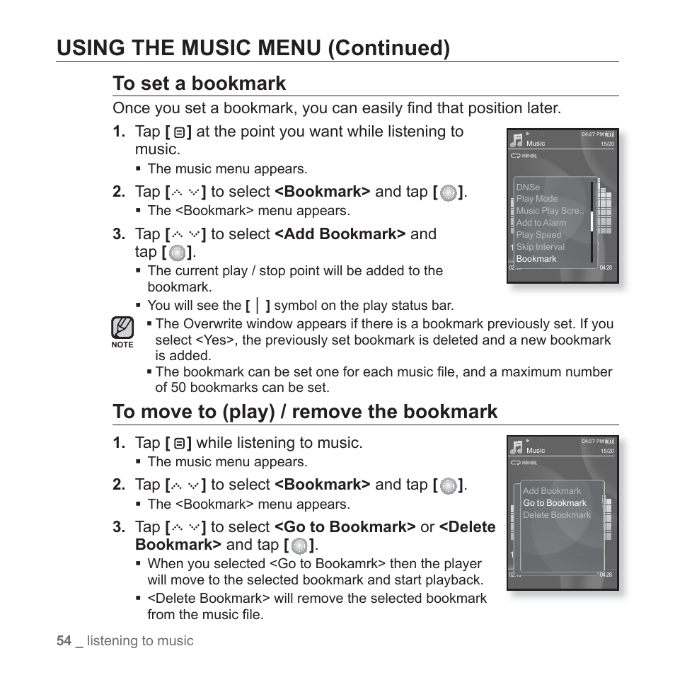 Using the music menu (continued) | Samsung YP-S5JQB-XAA User Manual | Page 54 / 125