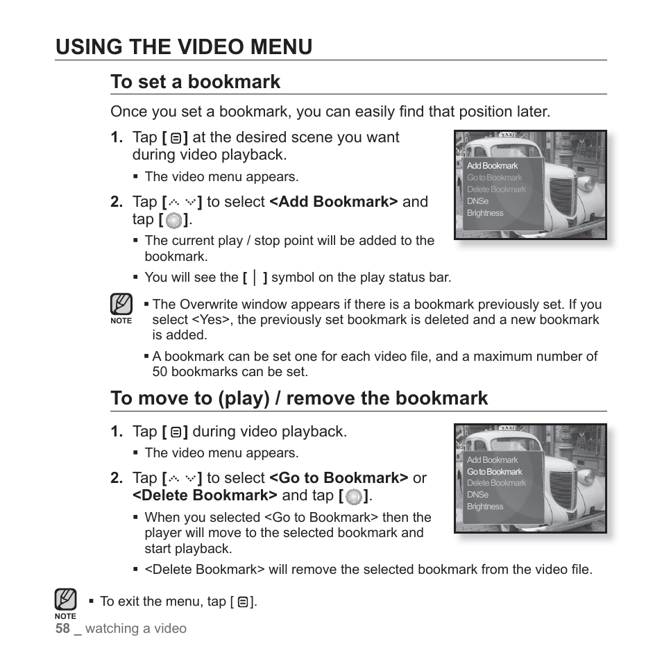 Using the video menu | Samsung YP-S5JQB-XAA User Manual | Page 58 / 125