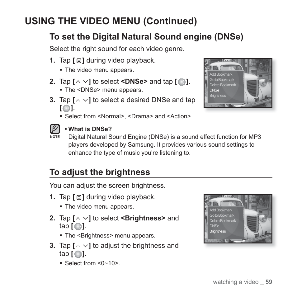 Using the video menu (continued) | Samsung YP-S5JQB-XAA User Manual | Page 59 / 125