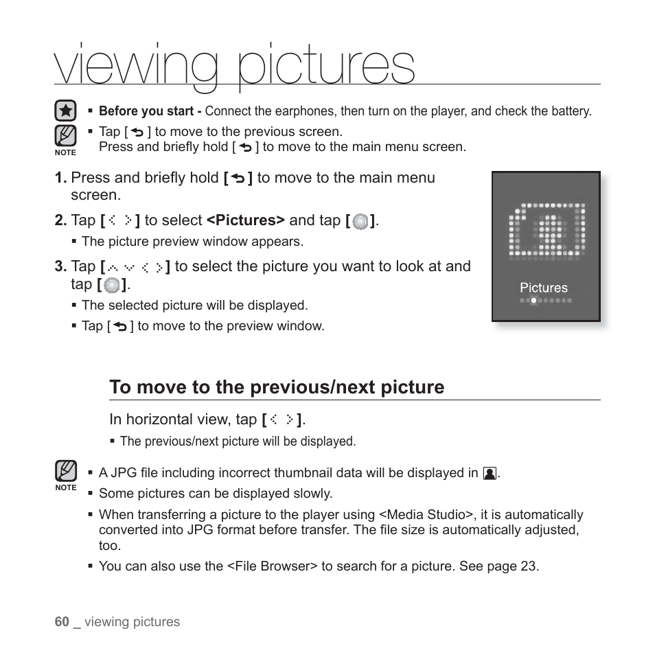 Viewing pictures | Samsung YP-S5JQB-XAA User Manual | Page 60 / 125