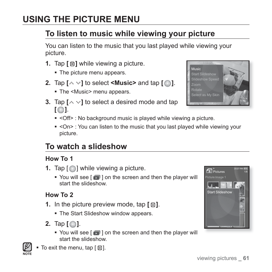 Using the picture menu | Samsung YP-S5JQB-XAA User Manual | Page 61 / 125