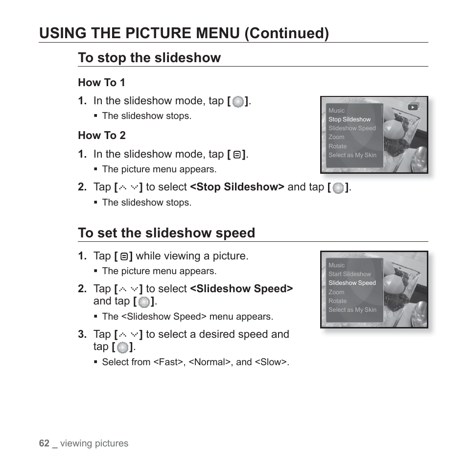 Using the picture menu (continued) | Samsung YP-S5JQB-XAA User Manual | Page 62 / 125