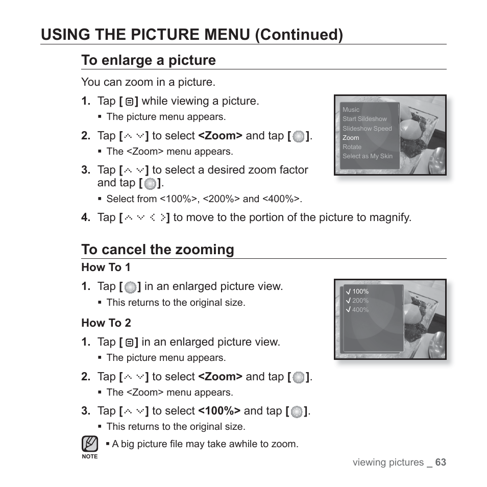 Using the picture menu (continued) | Samsung YP-S5JQB-XAA User Manual | Page 63 / 125