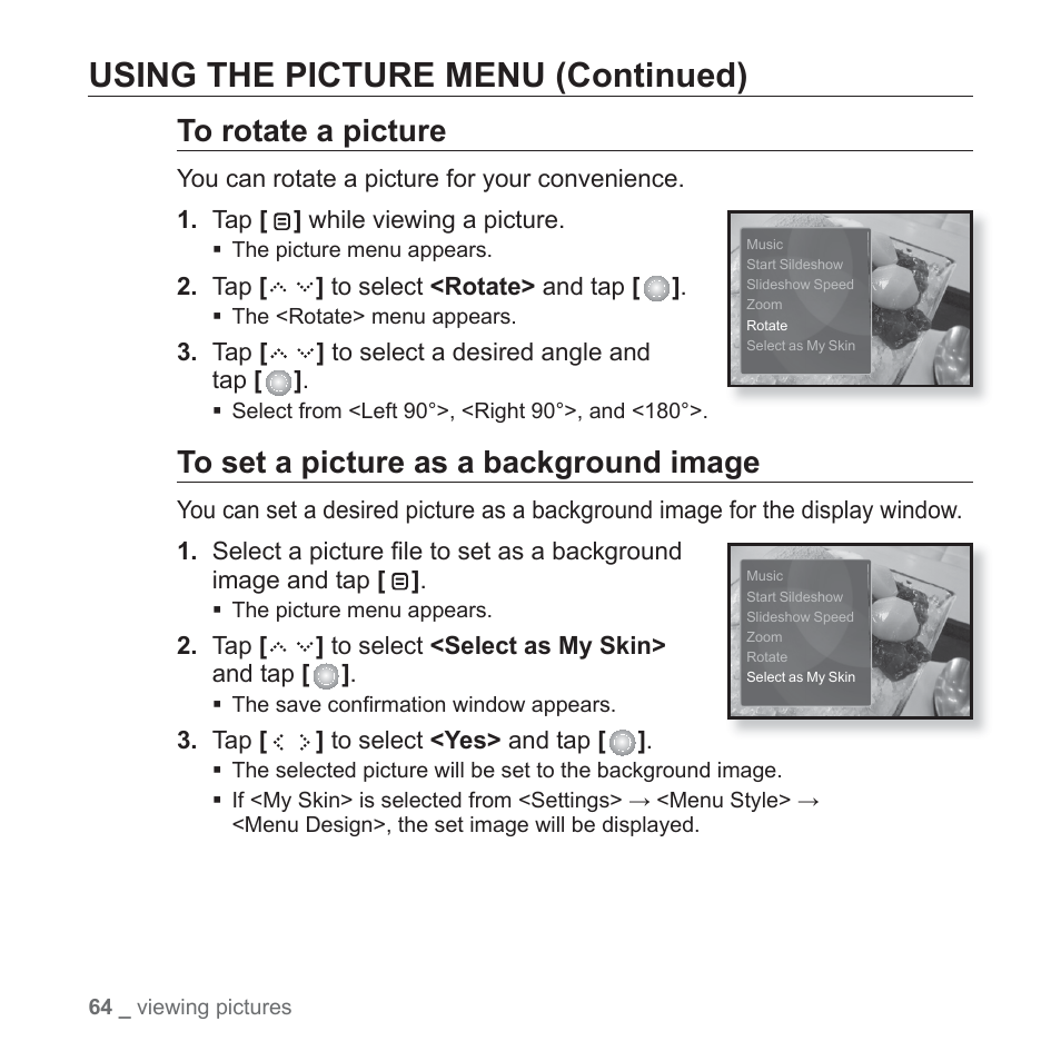 Using the picture menu (continued) | Samsung YP-S5JQB-XAA User Manual | Page 64 / 125