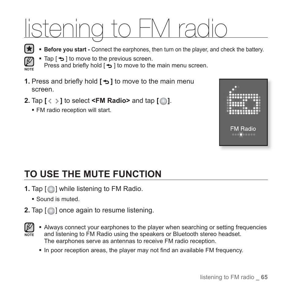 Listening to fm radio, To use the mute function | Samsung YP-S5JQB-XAA User Manual | Page 65 / 125