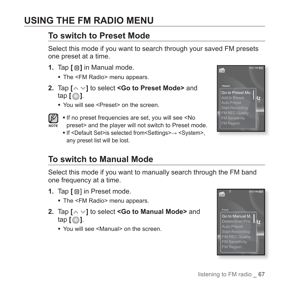 Using the fm radio menu | Samsung YP-S5JQB-XAA User Manual | Page 67 / 125