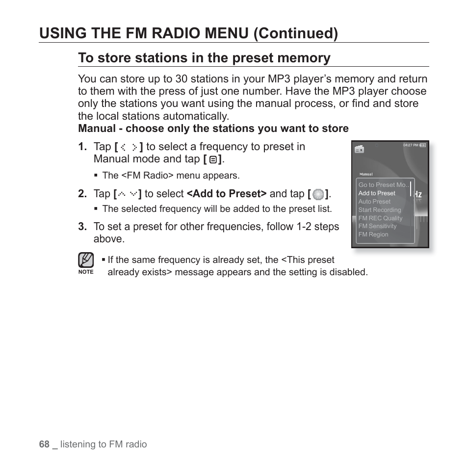 Using the fm radio menu (continued) | Samsung YP-S5JQB-XAA User Manual | Page 68 / 125