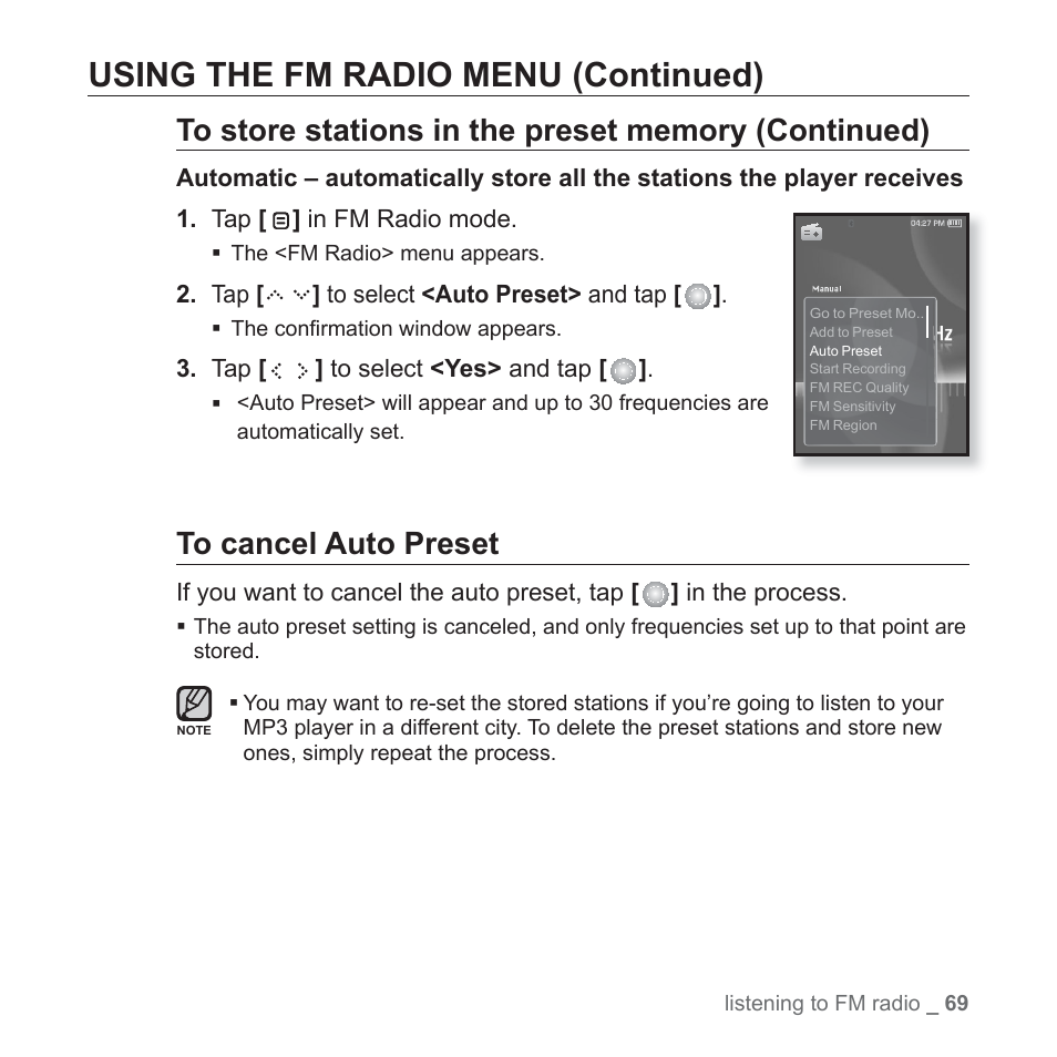 Using the fm radio menu (continued) | Samsung YP-S5JQB-XAA User Manual | Page 69 / 125