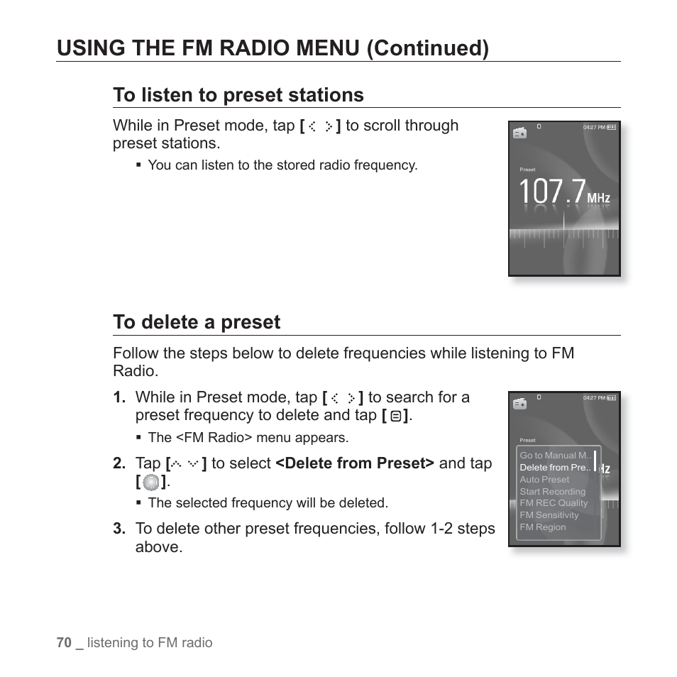 Using the fm radio menu (continued) | Samsung YP-S5JQB-XAA User Manual | Page 70 / 125