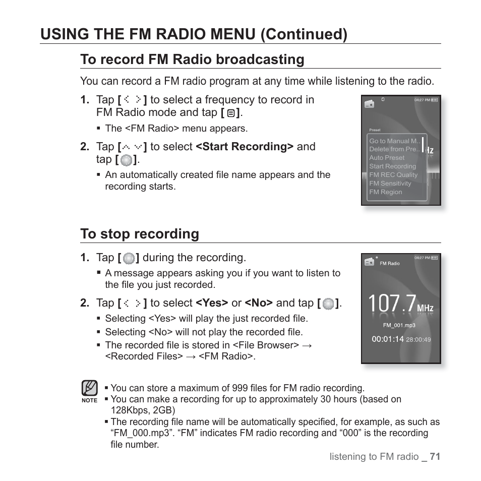 Using the fm radio menu (continued) | Samsung YP-S5JQB-XAA User Manual | Page 71 / 125