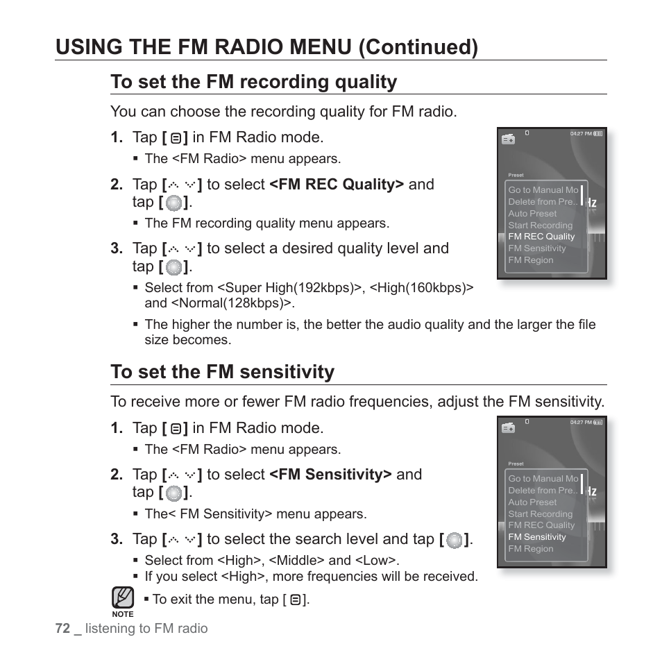 Using the fm radio menu (continued) | Samsung YP-S5JQB-XAA User Manual | Page 72 / 125