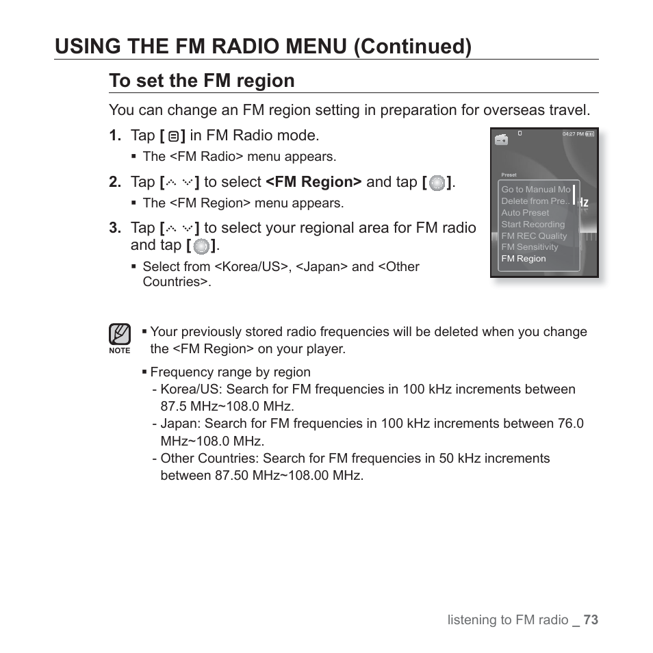 Using the fm radio menu (continued) | Samsung YP-S5JQB-XAA User Manual | Page 73 / 125