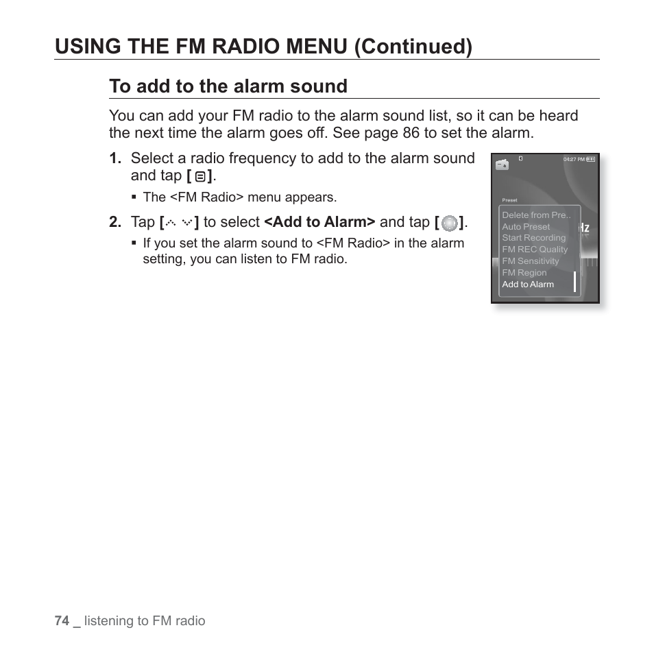 Using the fm radio menu (continued) | Samsung YP-S5JQB-XAA User Manual | Page 74 / 125