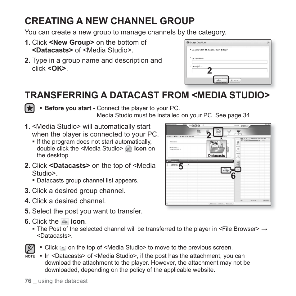 Creating a new channel group, Transferring a datacast from <media studio | Samsung YP-S5JQB-XAA User Manual | Page 76 / 125