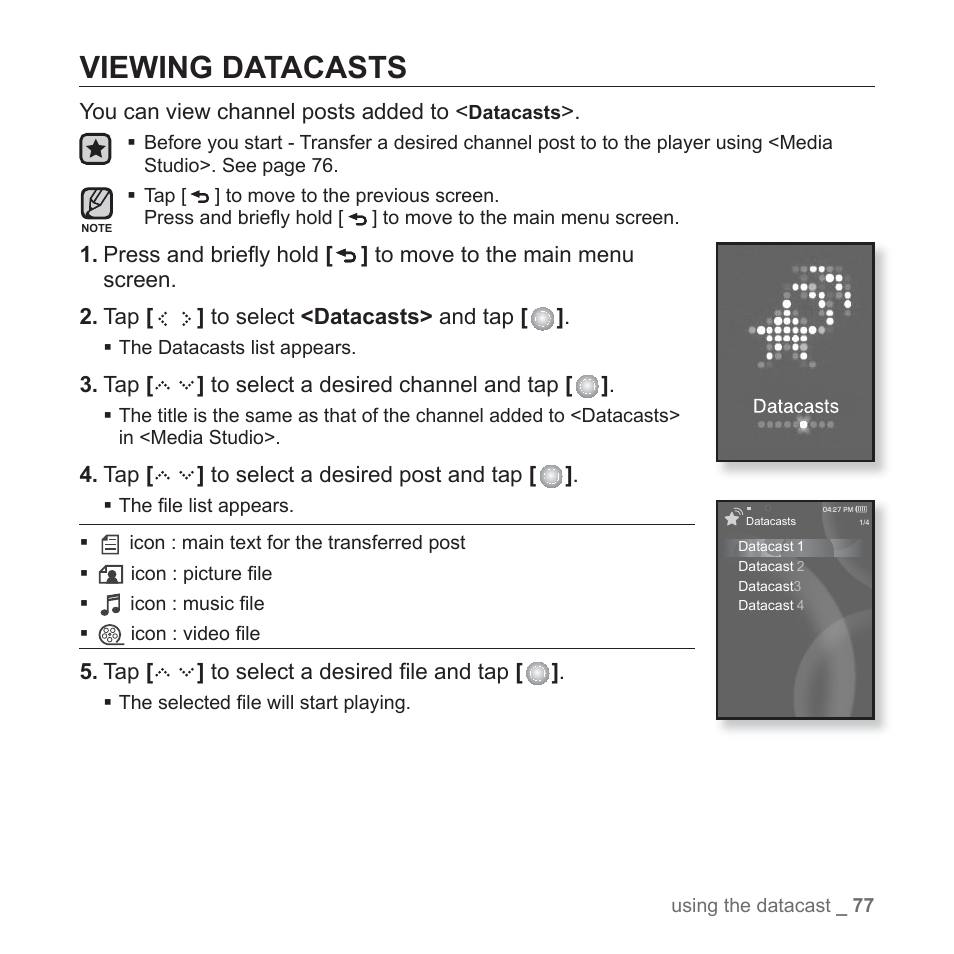Viewing datacasts | Samsung YP-S5JQB-XAA User Manual | Page 77 / 125